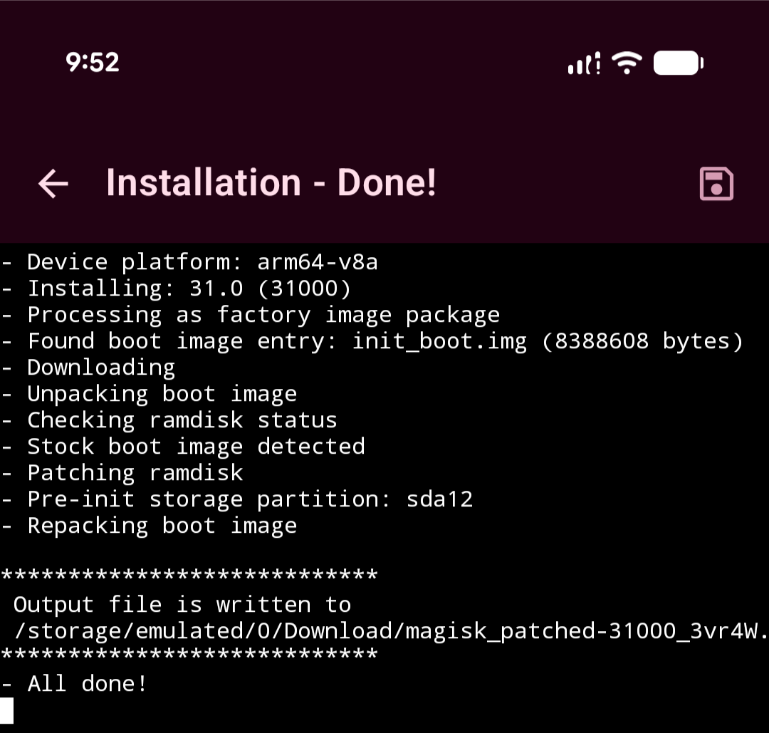 screenshot showing magisk patching output