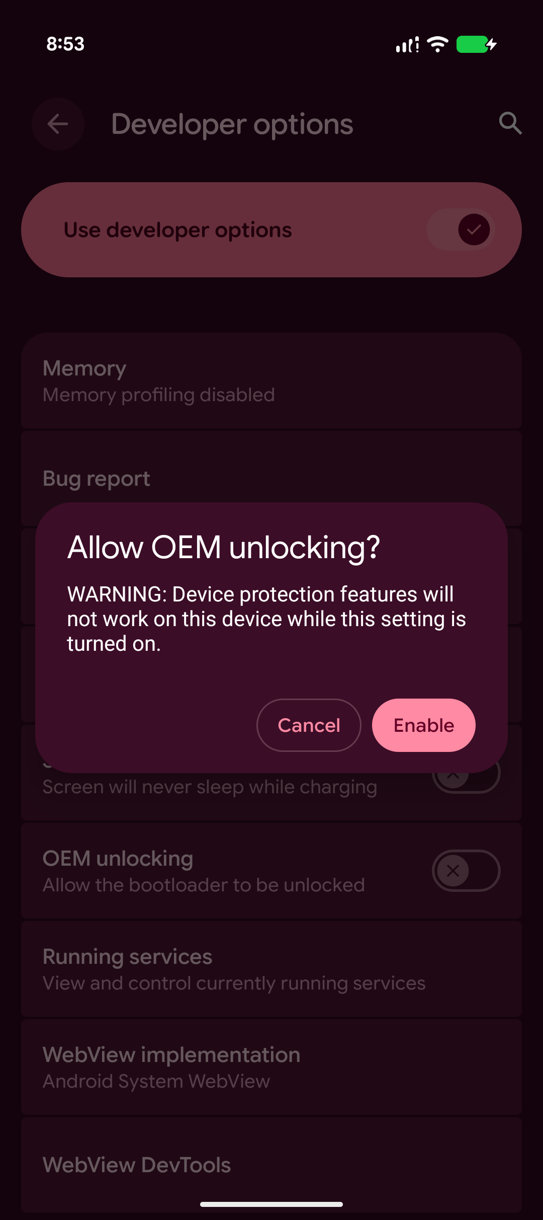 screenshot showing OEM unlock warning