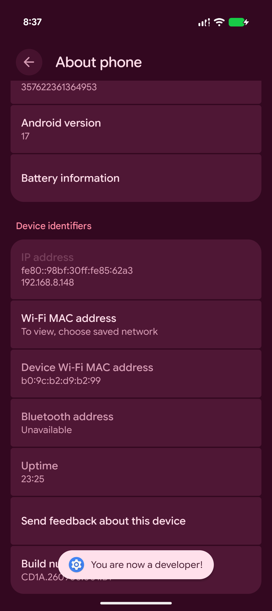 screenshot showing toast message of developer mode
